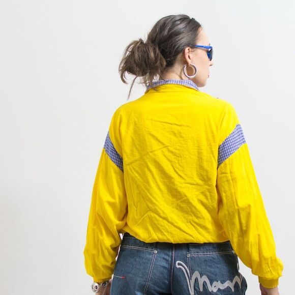 VINTAGE 90s Yellow Zip Track Jacket Windbreaker | Blue+White Checker Accents Y2K - Picture 5 of 5
